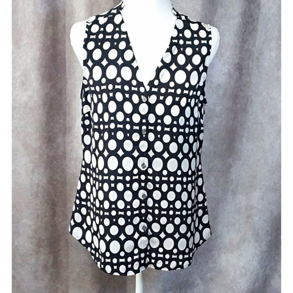 Banana Republic Polka Dot V-Neck Sleeveless Button Up Blouse Black White Small